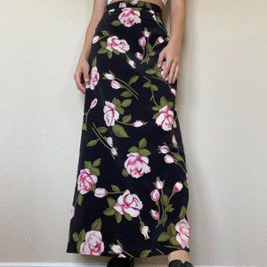 90s Black and Pink Floral Maxi Skirt Small